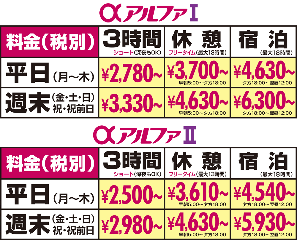 大分ラブホテル アルファⅠ三川/アルファⅡ三川 料金