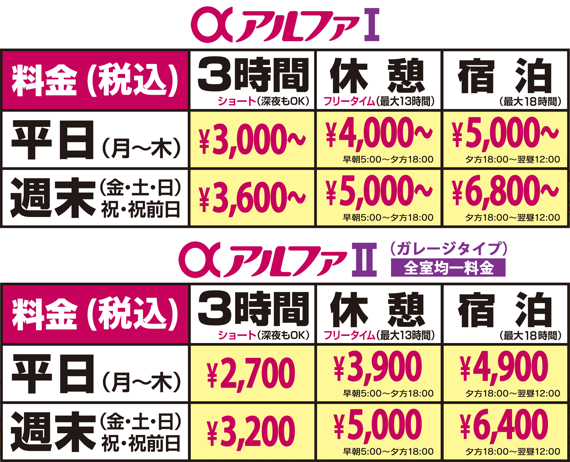 大分ラブホテル アルファⅠ三川/アルファⅡ三川 料金