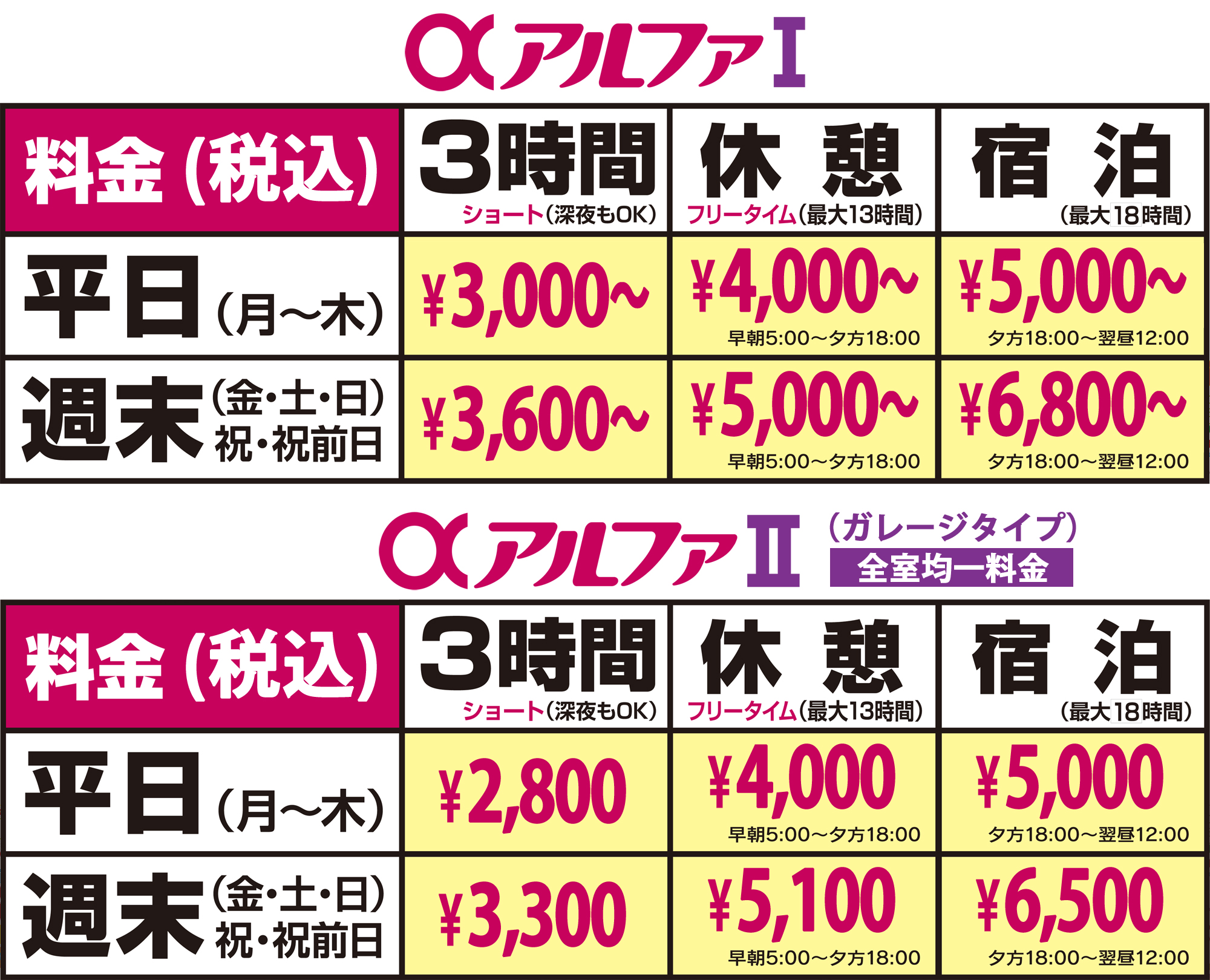 大分ラブホテル アルファⅠ三川/アルファⅡ三川 料金